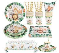 Lot de 101 Pièces de Assiette Jungle Anniversaire - Safari Enfants Fête Assiettes en Nappe, Assiettes, carton, Gobelets, Pailles - Serviettes de Assiette Anniversaire pour 20 Invités