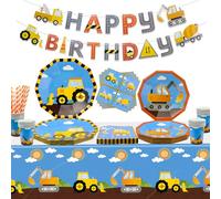 Lot de 107 fournitures de fête d'anniversaire de construction Camion benne Décorations d'anniversaire Assiettes de fête de construction - Nappe d'anniversaire Serviettes de table Ballons Pour 20