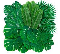 Lot de 108 Feuilles de Palmier Tropicales artificielles - 6 Sortes de Grandes Petites Feuilles de Palmier artificielles avec tiges pour Safari, Jungle, hawaïen, Luau, décoration de Table, Mariage,