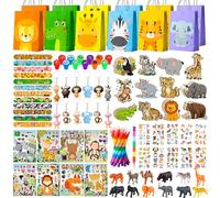 Lot de 108 sacs de fête d'animaux de la jungle - Bracelets gonflables - Masques de paille, etc. - Décorations de fête sur le thème de la jungle