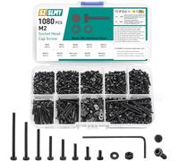 Lot de 1080 vis M2 - Écrous à tête cylindrique à tête hexagonale et rondelles - Noir - Avec écrous - Assortiment de vis de machine