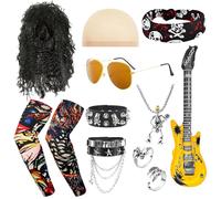 Lot de 11 accessoires de costume de rockeur - Style punk gothique des années 80 et 90 - Avec perruque, lunettes de soleil, bandeau, guitare gonflable, colliers, bagues, manches de tatouage pour hommes