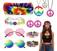 Lot de 11 accessoires de costume hippie pour homme et femme, accessoires des années 60 et 70 avec collier, boucles d'oreilles, lunettes, bandeau, accessoires rétro hippie pour carnaval, fête à thème,
