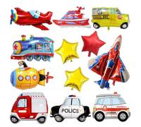 Lot de 11 ballons en aluminium pour transport, ambulance, voiture de police, camion de pompiers, école, bus, avion, bateau sous-marin pour enfants, fournitures de fête d'anniversaire