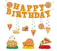 Lot de 11 bannières de décoration de fête d'anniversaire à thème pizza - Banderoles « Happy Birthday » à suspendre et centres de table en nid d'abeille pour enterrement de vie de jeune fille, fête