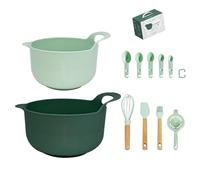 Lot de 11 bols à mélanger en plastique avec fournitures de cuisson, bols gigognes verts avec bec verseur/poignée, base antidérapante, cuillères à mesurer, fouet à œuf, spatule et pinceau, parfaits