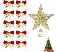 Lot de 11 boules de Noël dorées - Étoile de sapin de Noël - 15 cm - Avec nœuds rouges et dorés - Pour décoration de Noël et de fête