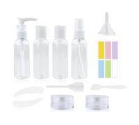 Lot de 11 bouteilles de voyage avec 1 étiquette colorée - Récipients de voyage rechargeables en plastique avec petits flacons pulvérisateurs - Trousse de toilette transparente