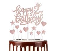 Lot de 11 décorations de gâteau d'anniversaire « Happy 2nd Birthday » - Or rose et étoiles pailletées en forme de cœur pour filles