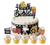 Lot de 11 décorations de gâteau sur le thème du film - Paillettes - Avec rouleau de film, appareil photo et pop-corn - Pour douche de bébé, anniversaire d'enfant, soirée cinéma et fête Hollywood