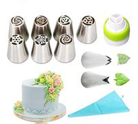 Lot de 11 douilles en acier inoxydable professionnel,Embouts : 7 grandes douilles à fleurs, 2 feuilles, 1 adaptateur, 1 sac à douille en silicone, accessoires de pâtisserie, décoration de gâteau