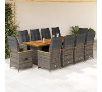 Lot de 11 meubles de jardin gris avec fauteuils avec dossier réglable et repose-pieds, table d'appoint d'acacia, coussins amovibles
