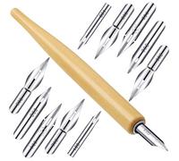 Lot de 11 plumes de stylo à encre G en acier inoxydable avec support en bois pour écrire, peindre, signer (blanc)