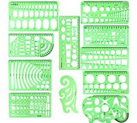 Lot de 11 pochoirs de dessin géométrique, outils de mesure, formes de règle en plastique BetyBedy transparent vert avec sacs à fermeture éclair pour l'architecture, le bureau, l'étude, la conception