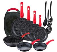 Lot de 11 poêles Energy Ø18/20/22/24/26/28 cm + 1 poêle Wok Ø26 cm + 1 plaque grill 37 x 25 cm, aluminium forgé, noir + Set de 3 ustensiles de cuisine en nylon