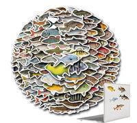 Lot de 110 autocollants de pêche en forme de poisson de mer imperméables pour ordinateur portable, collection thème , ensemble de récompenses amusantes | Lot d'autocollants colorés pour guitare
