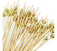 Lot de 110 brochettes à cocktail, en bois, pour cocktails, cure-dents, décoration de fête (12 cm, perles dorées)