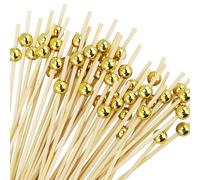 Lot de 110 brochettes à cocktail en bois - Pour cocktails - Cure-dents - Pour amuse-bouche - Décoration de cocktail - 12 cm - Perles dorées