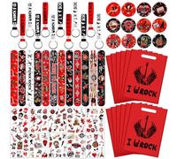 Lot de 110 cadeaux de fête Rock and Roll - Fournitures de décoration Rock Star - Comprend 50 autocollants, 12 porte-clés, 12 badges, 12 bracelets, 12 sacs, 12 feuilles de tatouages