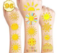 Lot de 115 décorations de fête d'anniversaire - Soleil jaune - Fournitures souvenirs - Hippie doré - Soleil - Sourire tu es mon soleil - Tatouages temporaires autocollants pour