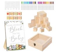 Lot de 118 jeux de fête prénatale en bois, avec 50 blocs en bois naturel, 42 pochoirs, 24 stylos acryliques, plaque en bois et boîte en bois, convient pour fête prénatale garçon et fille