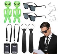 Lot de 12 accessoires de costume d'agent noir pour homme - Ensemble d'accessoires de costume d'agent de renseignement - Avec lunettes de soleil noires, cravate, écouteurs, carte d'identité et étui