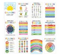 Lot de 12 affiches d'angle apaisantes pour la santé mentale pour la pleine conscience, tableau des émotions en vec graphiques de compétences d'adaptation et techniques de mise à la terre pour