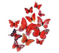 Lot de 12 autocollants muraux 3D sur le thème des papillons en vinyle PVC pour murs de chambre d'enfant, effet visuel mat semblable à de la peinture (rouge)