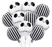 Lot de 12 ballons d'Halloween en aluminium avec tête de mort et rayures pour décoration de fête, idéal pour anniversaire, fête prénatale et mariage, noir et blanc