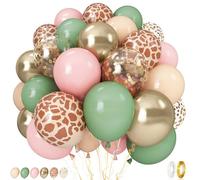 Lot de 12 ballons rétro vert rose, 60 ballons vert sauge, pastel, rose, doré, rose clair, crème, beige avec motif animal, pour filles, jungle, safari, anniversaire, fête prénatale, girafe sauvage,