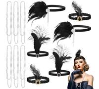 Lot de 12 bandeaux à plumes pour femme, style années 1920 avec colliers de perles, comprend 6 bandeaux et 6 colliers pour Halloween et événements costumés