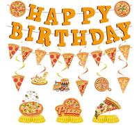 Lot de 12 bannières de décoration de fête d'anniversaire pizza - Bannières « Happy Birthday » à suspendre et centres de table en nid d'abeille pour enterrement de vie de jeune fille, fête prénatale