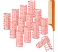 Lot de 12 bigoudis à clipser en plastique de grande taille avec peigne à queue de rat en acier pour cheveux courts et longs (couleur pêche, 6,8 x 3 cm)