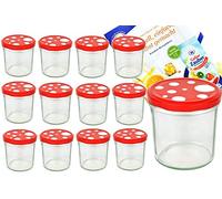 Lot de 12 bocaux en verre 350 ml to 82 champignon Couvercle Rouge à pois blanc avec livret de recettes Diamant gélifiant Magie Confiture Bocaux en verre pour conservation de confiture Couvercles dorés Capacité