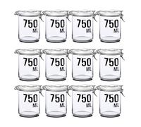 Lot de 12 bocaux hermétiques de conservation en verre avec couvercle à clip, capacité 0,75 L - Hauteur 15 x Diamètre 10 cm
