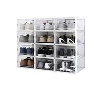 Lot de 12 Boîtes à Chaussures/Rangement Empilables transparentes/blanches en Plastique avec porte et aération 33.4x23x14cm