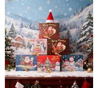 Lot de 12 boîtes cadeaux de Noël avec couvercles, boîtes cadeaux de Noël en papier kraft avec bonhomme de neige, Père Noël, pingouin, élan, avec ruban doré, motif sur le thème de Noël, petites boîtes