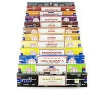 Lot de 12 boîtes de 15 g d’encens Satya - parfums :Nag Champa, Superhit, Om Shanti, Musc, Champa Noir, Frankencens, myrrhe, Feu du Dragon, Méditation, Bois de Santal, Tantra, Vanille.