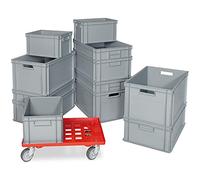 Lot de 12 boîtes empilables grises en 4 tailles + 1 chariot de transport gratuit