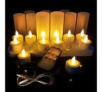 Lot de 12 bougies chauffe-plat LED rechargeables sans flamme avec support station de charge, flamme dansante réaliste, cadeau de décoration pour fêtes, vacances, Noël, jaune