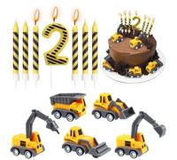 Lot de 12 bougies d'anniversaire en forme de véhicules de construction avec bougie en forme de chiffre 2 et bougies à rayures noires pour décoration de gâteau d'anniversaire