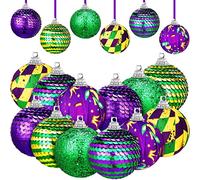 Lot de 12 boules de Mardi Gras violettes, vertes et jaunes - Décorations de Mardi Gras à paillettes pour carnaval, fête de la Saint-Patrick - Décoration à suspendre (style élégant, 12 pièces)