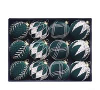 Lot de 12 boules de Noël 8 cm avec paillettes et flocage pour décoration d'arbre (vert foncé)