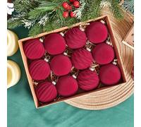 Lot de 12 boules de Noël avec velours floqué pour accrocher au sapin et pièces maîtresses festives en plastique (B)