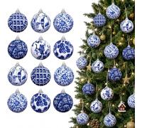 Lot de 12 Boules de Noël Chinoiserie Bleues et Blanches à Suspendre pour Sapin de Noël (Style rétro, 5,1 cm)