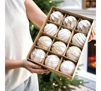 Lot de 12 boules de Noël en mousse de velours rouge avec paillettes et accents nacrés pour décoration saisonnière pour vacances saisonnières (8 cm, blanc)
