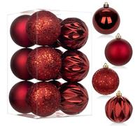 Lot de 12 boules de Noël en plastique incassable avec ficelles - Décorations à suspendre pour sapin de Noël, maison, fête, mariage, vacances - Rouge foncé - 80 mm