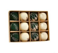 Lot de 12 boules de Noël floquées en velours pour décoration de Noël, rouge, blanc, vert, marron, avec crochet en métal pour sapin de Noël, fenêtre, porte, mur (vert et blanc)