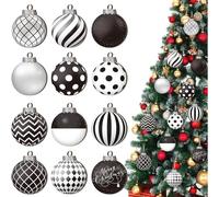 Lot de 12 boules de Noël noires et blanches - Décorations de sapin de Noël incassables 2D pour décoration de maison de vacances