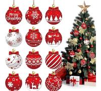 Lot de 12 boules de Noël rouges et blanches en bois - Décoration festive d'hiver à suspendre avec motifs Père Noël, renne et flocon de neige pour sapin de Noël